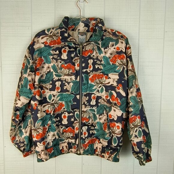 Vintage 90s Out Brook 100% Silk Jacket Cherry Print  Zip Front - Picture 1 of 5